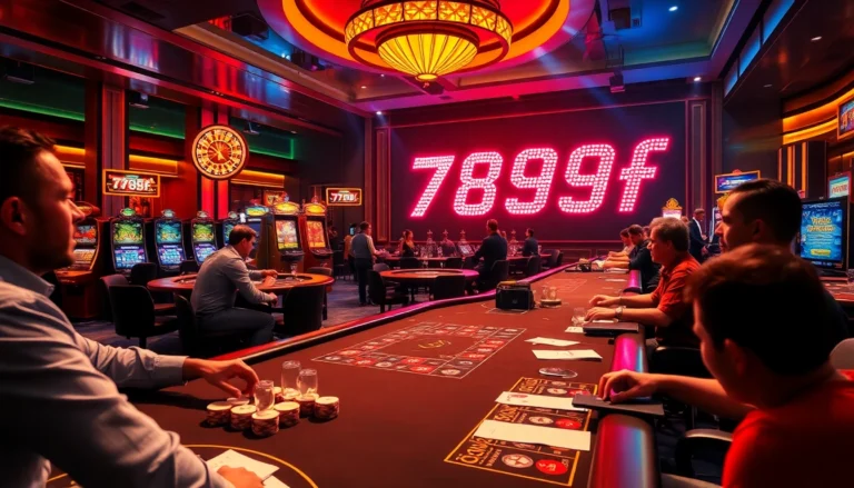 In a vibrant casino, players strategize with poker chips while displaying the brand 789f.