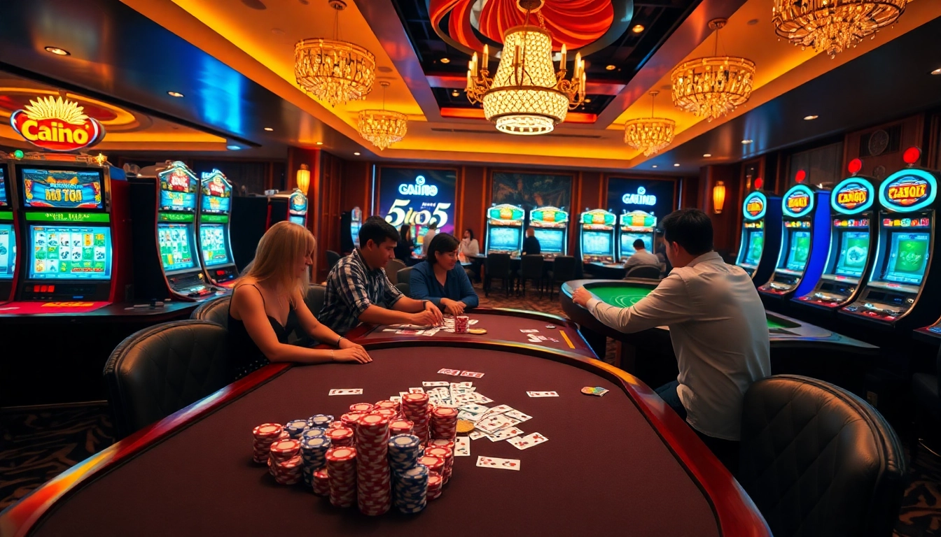 Engage in a thrilling poker game experience at new88.com, featuring vibrant casino tables, chips, and cards.